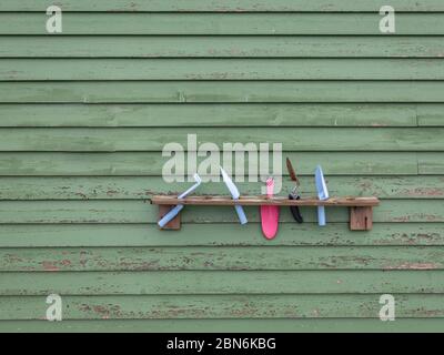 Garden tools on wooden shelf hanging on green wall made from painted planks. Colorful, plastic shovels, spades isolated from background. Stock Photo