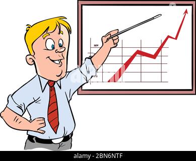 Happy smiling businessman office worker man character making presentation. Graph up stock illustration Stock Vector