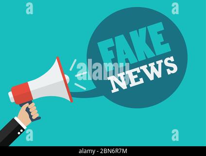 Male hand holding megaphone with Fake News speech. Vector Illustration Stock Vector