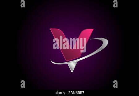 V pink alphabet letter logo icon for company and business with metallic swoosh design Stock Vector