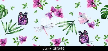 Watercolor floral seamless pattern. Purple flowers, tropical leaves, butterflies and dragonflies on light blue background. Botanical hand drawn Stock Photo