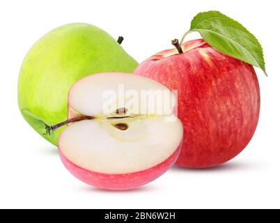three green red apple sliced isolated on a white background with clipping path Stock Photo