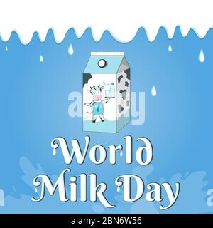 World international milk day vector illustration. Cartoon cow with bottle and glass of milk. Stock Vector