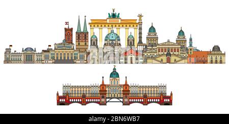 Colorful vector skyline of Berlin, Germany in  line art style. Flat vector isolated colorful horizontal illustration of main landmarks of Berlin front Stock Vector