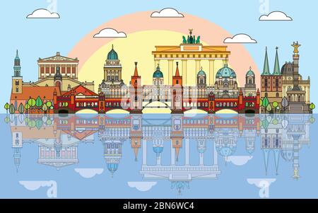 Colorful vector skyline of Berlin, Germany in  line art style. Flat vector isolated colorful illustration of main landmarks of Berlin front view with Stock Vector