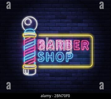 Illuminated neon barber shop design. Stock Vector