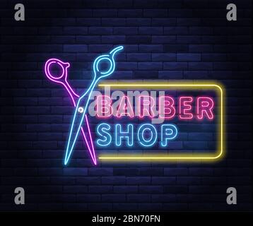 Illuminated neon barber shop design. Stock Vector
