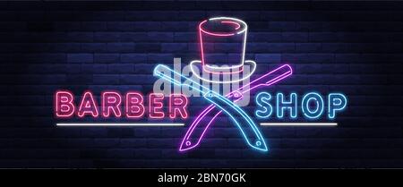 Illuminated neon barber shop design. Stock Vector