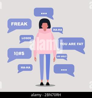 No more cyber bullying. Girl and insulting chat messages on grey background, vector illustration in flat style Stock Vector