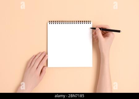 Female hands hold pen and notepad. Empty clean copybook mockup on a beige background. Stock Photo