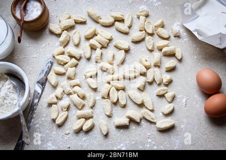 Curd dumplings preparation and ingredients, flat lay view Stock Photo