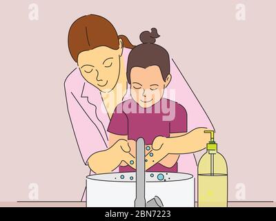 Mother washing her daughter's hands with hand wash Stock Vector
