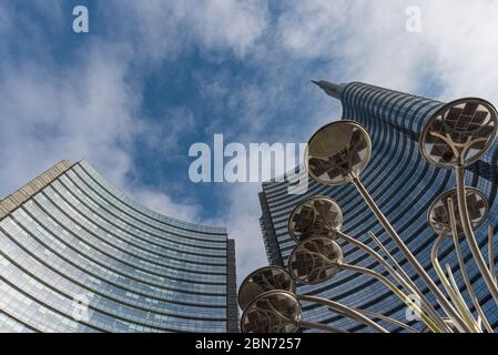 Urban landscape depicting skyscrapers with stained glass windows, street photography Stock Photo