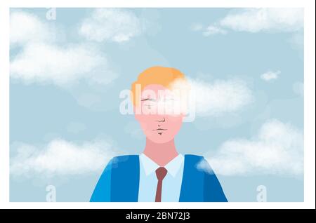 Head in the clouds, a businessman on background of sky with clouds, cloud computing concept. dreamer, a creative person creates a creative idea. Stock Vector