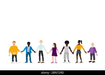 Together we are strong. A multinational group of people stand together holding hands, Light background, free space for your text. Stock Vector