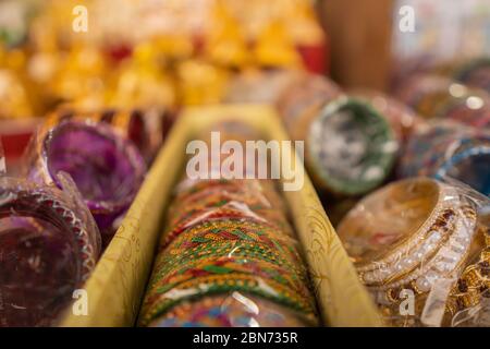 Colourful Bangles in a Box selling at tirumala tirupati devastanams Stock Photo