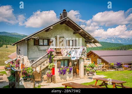 picturesque mountain hut of the Vezzena passo (Passo Vezzena) Trento province, Trentino Alto-Adige, Italy, Europe. Stock Photo