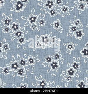 Hand Drawn Artistic Naive Daisy Flowers Outlines on Blue Denim Background Vector Seamless Pattern Stock Vector