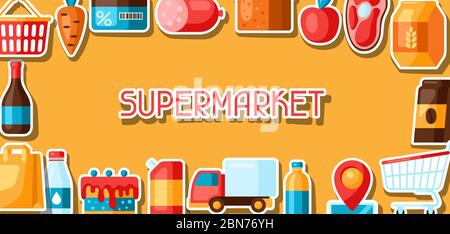 Supermarket background with food stickers. Stock Vector