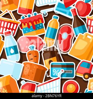 Supermarket seamless pattern with food stickers. Stock Vector