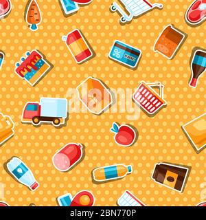 Supermarket seamless pattern with food stickers. Stock Vector