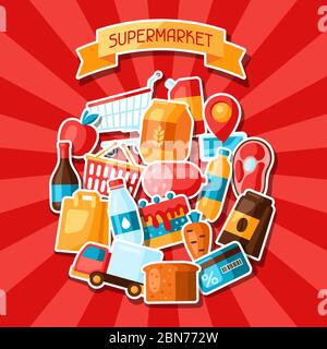 Supermarket background with food stickers. Stock Vector