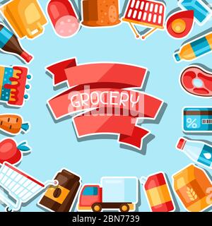 Supermarket background with food stickers. Stock Vector