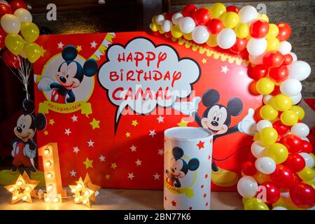 Mickey Mouse Banner 1st Birthday Backdrop Colorful Baby . Red and white  Color banner and balloons . Background Cartoon Mickey Mouse Custom Child  Stock Photo - Alamy