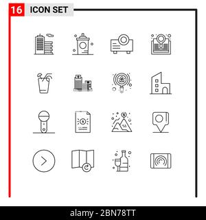 Pack of 16 Modern Outlines Signs and Symbols for Web Print Media such as drink, search, shop, research, book Editable Vector Design Elements Stock Vector