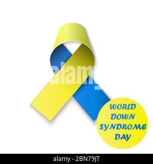 World Down Syndrome Day poster. WDSD. Detailed badge. Blue and yellow ribbon. Low poly, geometric. eps10 Stock Vector