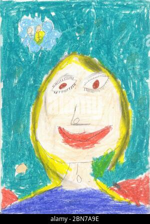 Original Self portrait drawing of a happy blonde young child thinking about her family painted by an 8 year old girl. U.K. Stock Photo