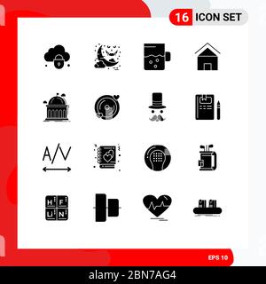 Universal Icon Symbols Group of 16 Modern Solid Glyphs of school, hut, cup, house, cottage villa Editable Vector Design Elements Stock Vector