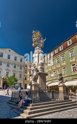Trinity Column at Zelny trh (Cabbage Market Square) in Brno, Moravia, Czech Republic, Central Europe Stock Photo