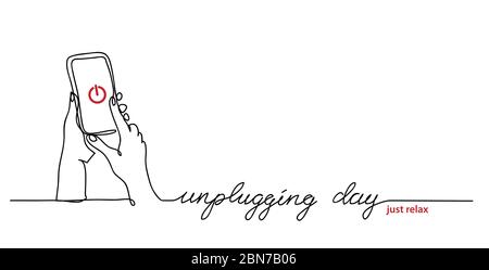 Unplugging day simple vector illustration, web banner, background. Hands turn off the phone. One continuous line drawing background Stock Vector