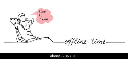 Offline time simple vector illustration ,web banner, background. Man sits in chair in relaxing pose and dreams. One continuous line drawing banner Stock Vector