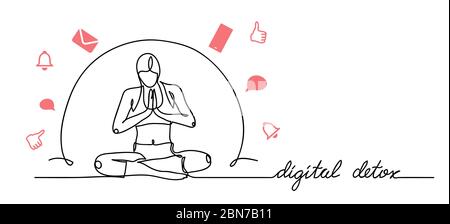 Digital detox simple vector illustration, web banner, background. Woman sits in yoga relaxing pose under the dome protection from gadgets and social Stock Vector