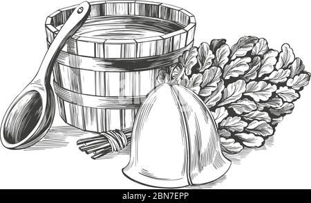 bath accessories, Russian sauna, water, steam broom, hand drawn vector illustration realistic sketch. Stock Vector