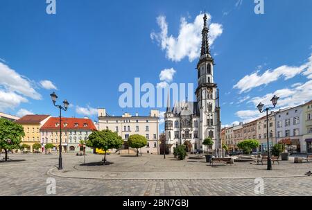 Zabkowice Slaskie, Poland. Panoramic view of Rynek square with building of historic Town Hall Stock Photo