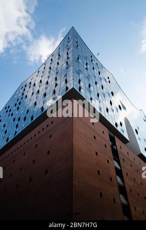 Hamburg, Germany - May 09 2020: artistic shot of the Elbphilharmonie or Elbe Philharmonic Hall, a concert hall  in the HafenCity quarter of Hamburg Stock Photo