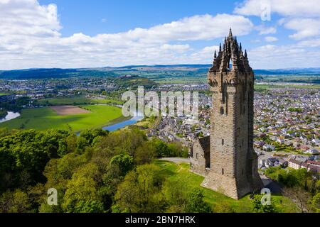 Aerial view of the National Wallace Monument  tower closed due to Covid-19 lockdown on Abbey Craig, Stirling, Scotland,UK Stock Photo