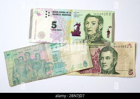 five pesos, Argentine peso, peso argentino, Argentinischer Peso, argentin peso, ARS, Argentina, South America Stock Photo