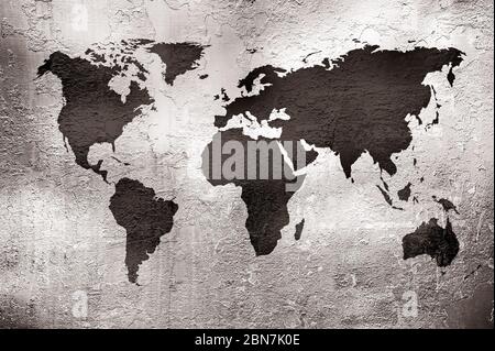 grunge map of the world over metal texture Stock Photo