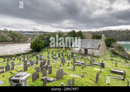 St Tysilio church built 630AD on Church Island at Porthaethwy Menai Bridge on Anglesey in North Wales Stock Photo