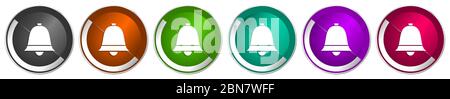 Bell, ring, alarm icon set, silver metallic chrome border vector web buttons in 6 colors options for webdesign Stock Vector
