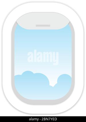 Aircraft, airplane windows with cloudy blue sky outside.  Stock Vector