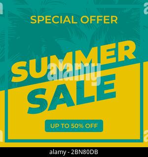 Summer Sale banner design template. green and yellow summer sale banner with palm tree. special offer, up to 50 off Stock Vector