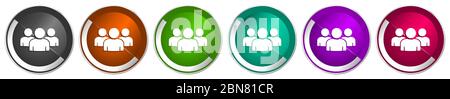 Group of people icon set, team, teamwork silver metallic chrome border vector web buttons in 6 colors options for webdesign Stock Vector