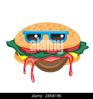 Hamburger with glasses cartoon on a white isolated background. Vector image Stock Vector