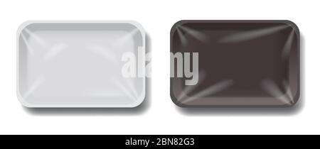 Plastic trays set isolated 3D design. Food packaging with transparent wraps mockup. Empty containers vector illustration in realistic style Stock Vector