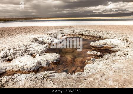 Views over the Laguna Piedra and salt flats towards the mountains and Juriques volcano.  San Pedro de Atacama, Antofagasta, Chile Stock Photo